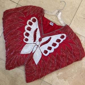 Vintage rare red 1970s beaded butterfly disco top